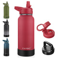 CIVAGO 32 oz Insulated Water Bottle With Straw, Stainless Steel Sports Water Cup Flask with 3 Lids, Wide Mouth Travel Thermal Mug, Red