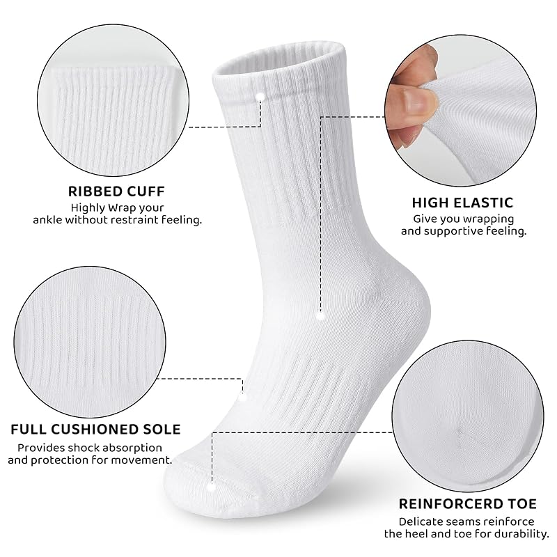 BOOPH Kids Crew Socks Thick Cotton Athletic 5-14 Years - White, 10-14 Years