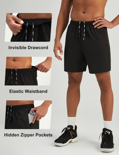 Pesfix Mens 7'' Lightweight Athletic Shorts Quick Dry Gym Workout Running Shorts with Zipper Pockets Black,XX-Large