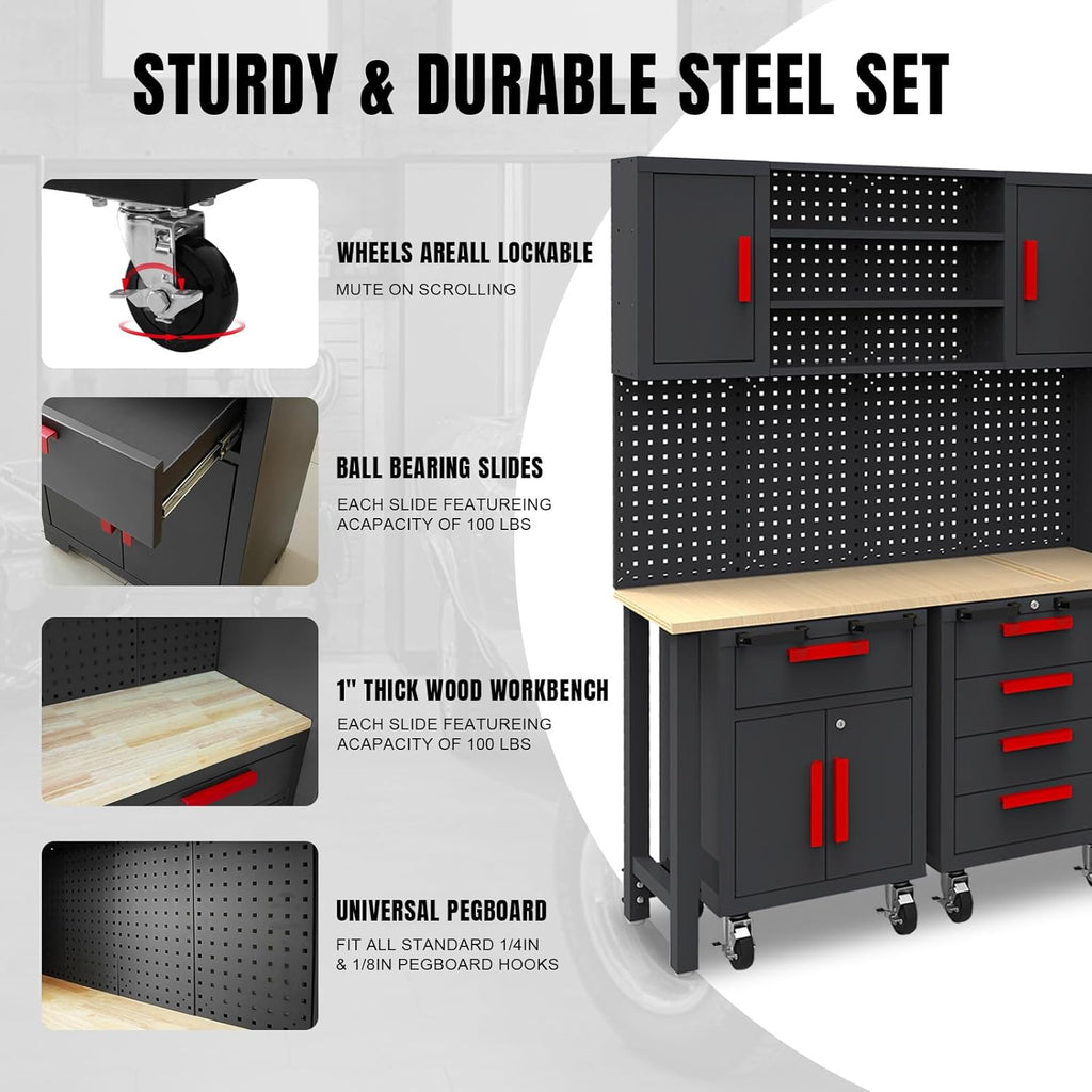 TCE Garage Cabinets Storage System - 6 Piece Steel Cabinet Set with Drawers & Rolling Chest | Black