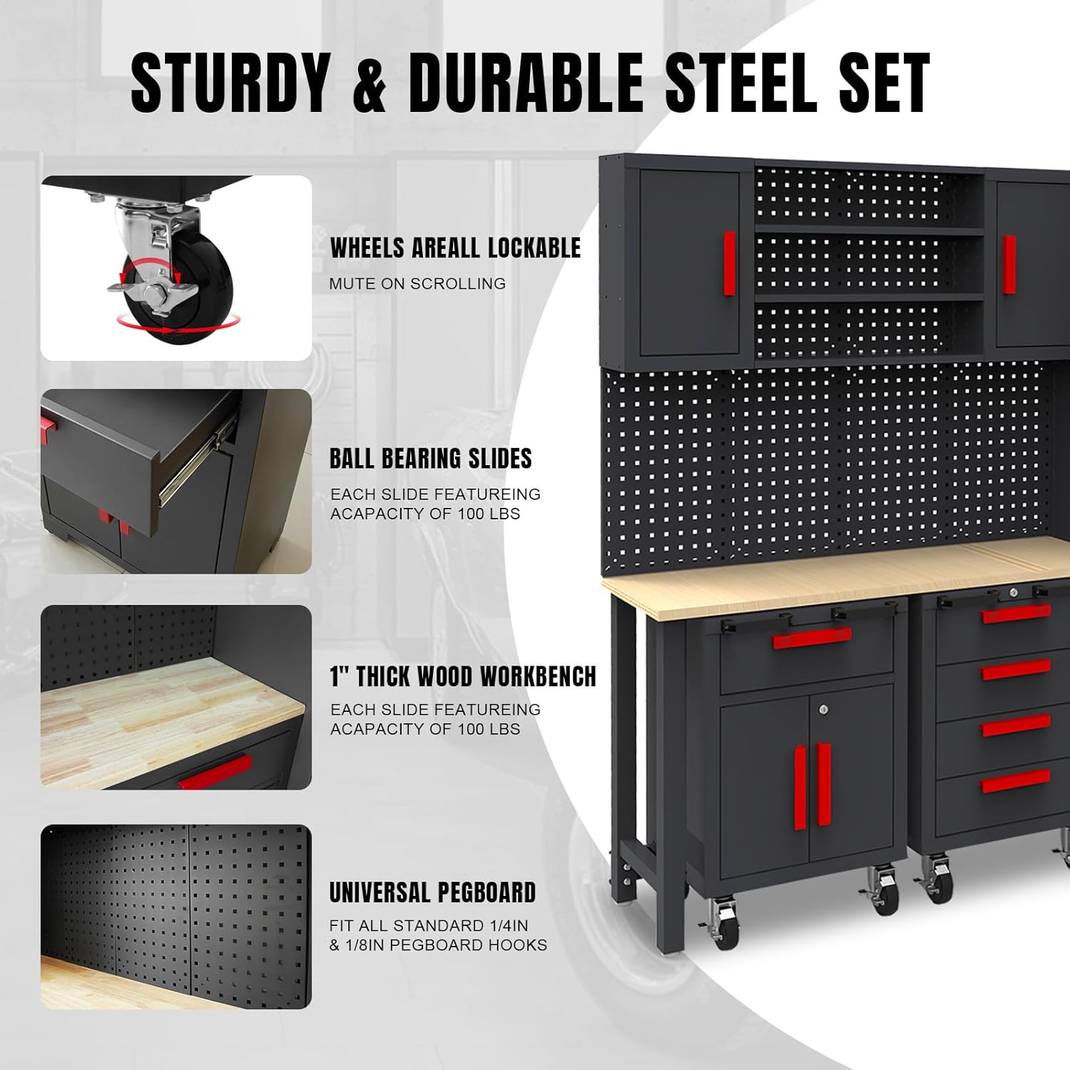 TCE Garage Cabinets Storage System - 6 Piece Steel Cabinet Set with Drawers & Rolling Chest | Black