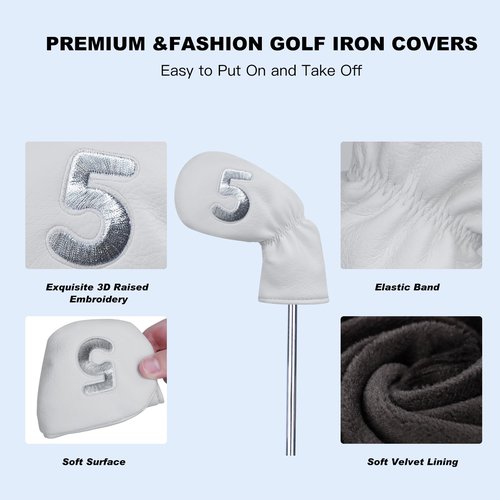 10 Pcs Iron Covers for Golf Clubs, Premium PU Leather Golf Iron Covers with Big Number Design, Fits Most Iron Clubs, Designed for Easy On and Off (White)