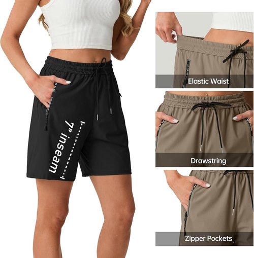 IWOLLENCE Women's 7" Hiking Shorts - Lightweight Quick-Dry Athletic Shorts with 2 Zipper Pockets