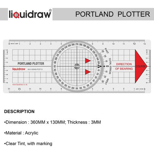 Liquidraw Portland Course Plotter with Marine Protractor & 8" Single-Handed Brass Divider | Nautical Navigation Tool Set for Chart Plotting, Measuring, Sailing | Clear Acrylic Ruler with Bold Markings