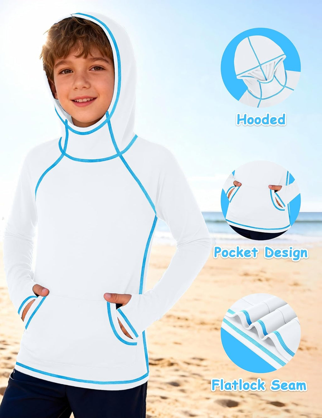 Skiennix Boys Rash Guard Hoodie - Long Sleeve UPF 50+ Swim Shirt with Pocket for UV Protection