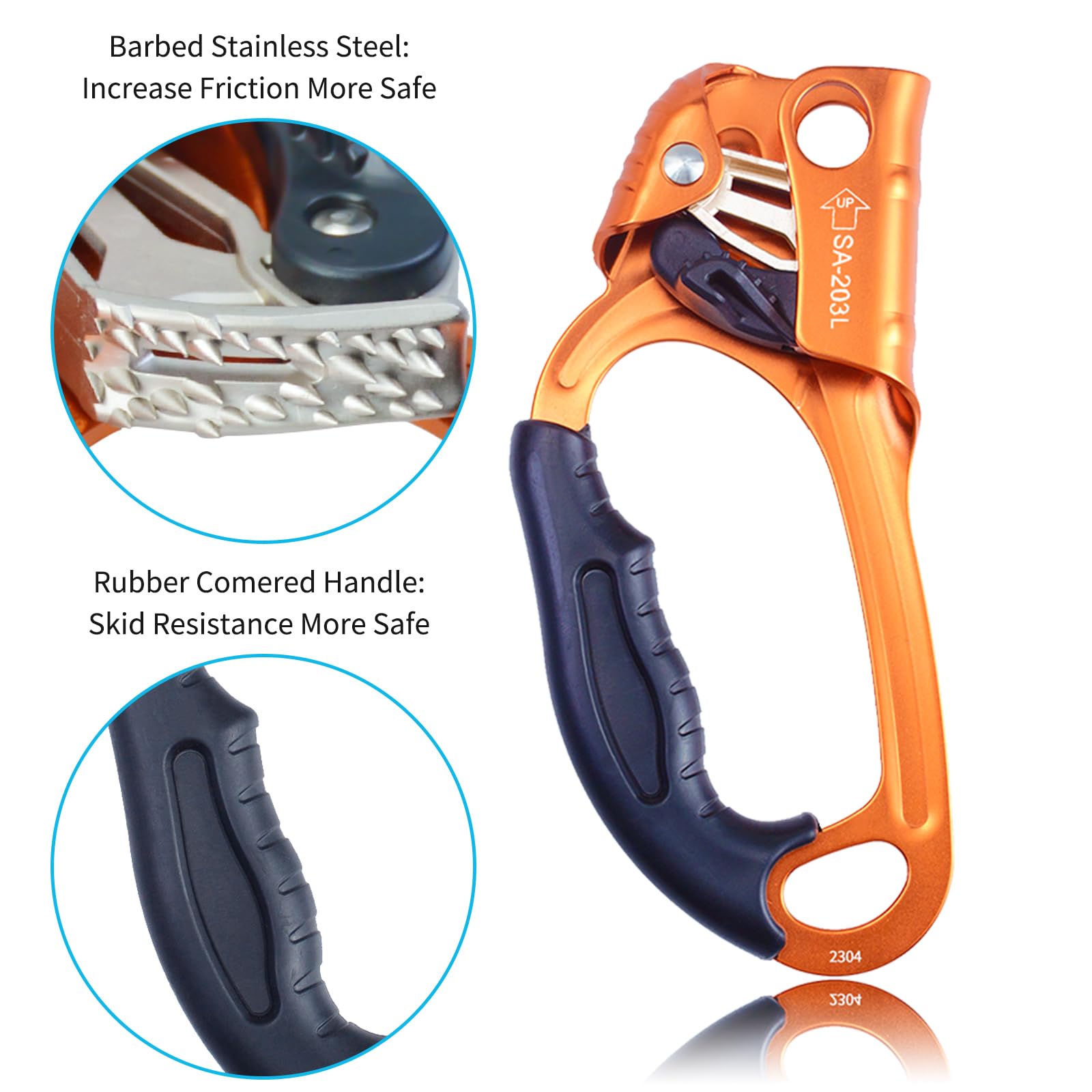 S.E.PEAK UIAA & CE Certified Climbing Rappelling Equip Hand Ascender for 8-13mm Rope Right Hand Orange