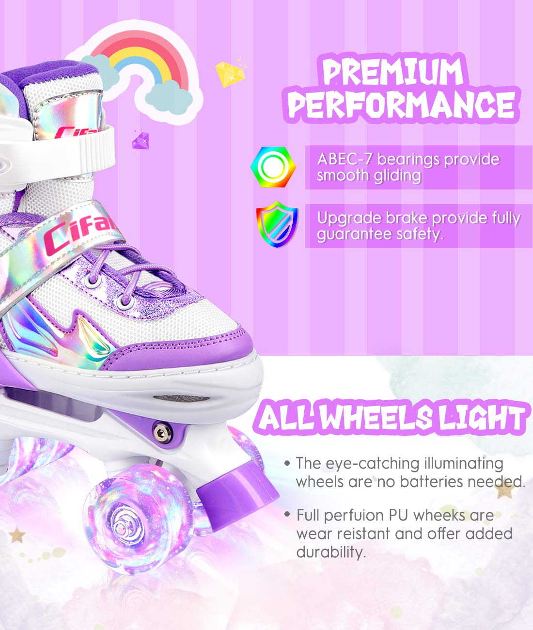 Roller Skates for Girls Boys Kids, Black Pink 4 Sizes Adjustable Kids Roller Skates with Light up Wheels and Shining Upper Design, for Ages 4-13