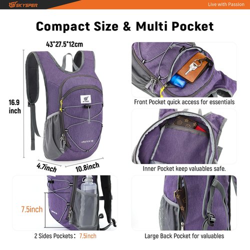 SKYSPER 15L Foldable Hiking Backpack Lightweight Packable Travel Daypack with Chest Strap Small Outdoor Folding Back Pack Collapsible Bag for Women Men (Purple)