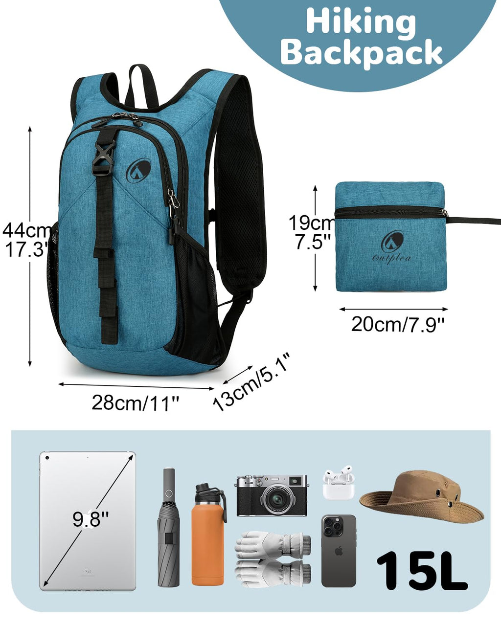 Outplea Folding Hiking Backpack with Phone Pocket for Men Women, Small Ultralight Packable Casual Daypack with Shoulder Chest Straps for Travel, 15L Foldable Lightweight Day Pack, Blue