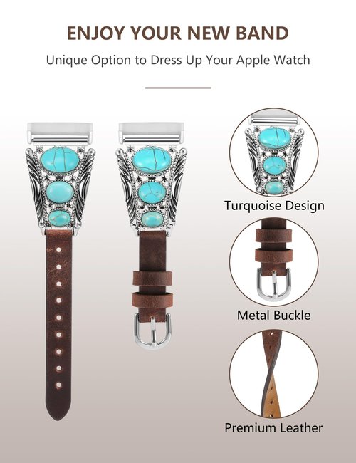 Minyee Leather Band Compatible with Fitbit Versa 4/Versa 3/Sense 2/Sense Band Women, Western Turquoise Boho Vintage Cowboy Retro Jewelry Adjustable Slim Replacement Wristband Strap for Versa 4