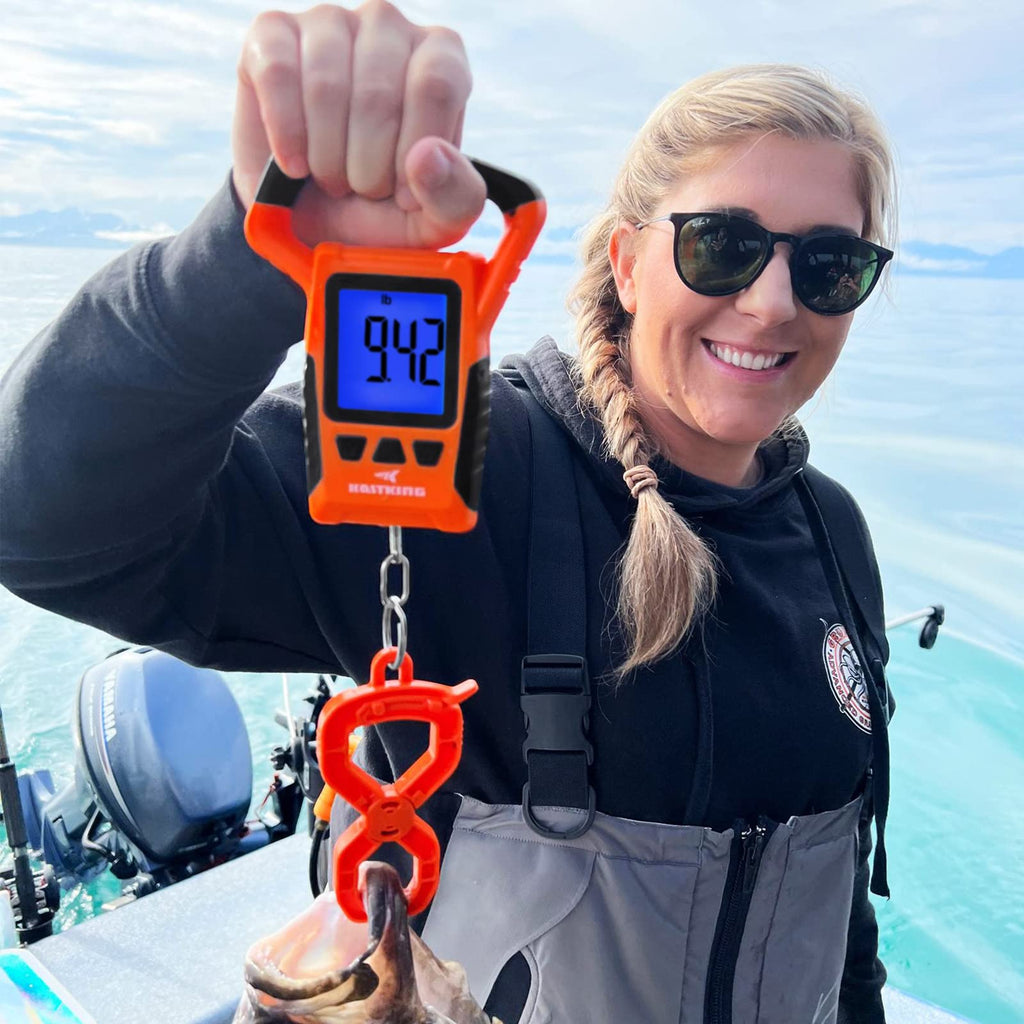 KastKing Fish Scale, WideView Floating Waterproof Digital Scale with No-Puncture Lip Gripper, 2.5” Large LCD Display, 110lb Capacity, Stores up to 9 Weights, Orange