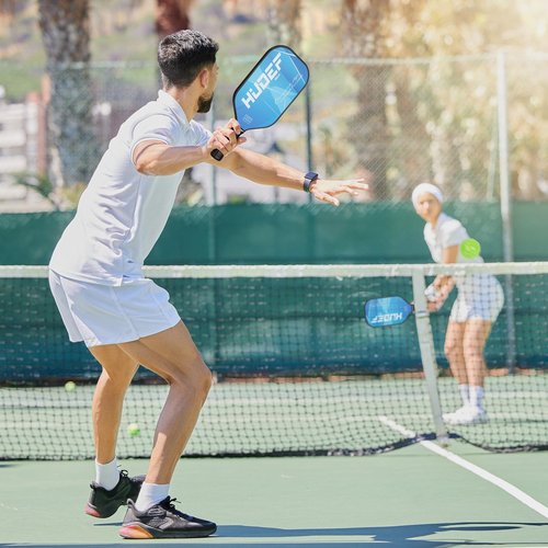HUDEF Pickleball Paddle USAPA Approved, Lightweight Carbon Fiber Face and Polypropylene Honeycomb Core Pickleball Racket with Cover, Elongated Handle and Cushion Comfort Grip Pickle Ball Paddle Blue