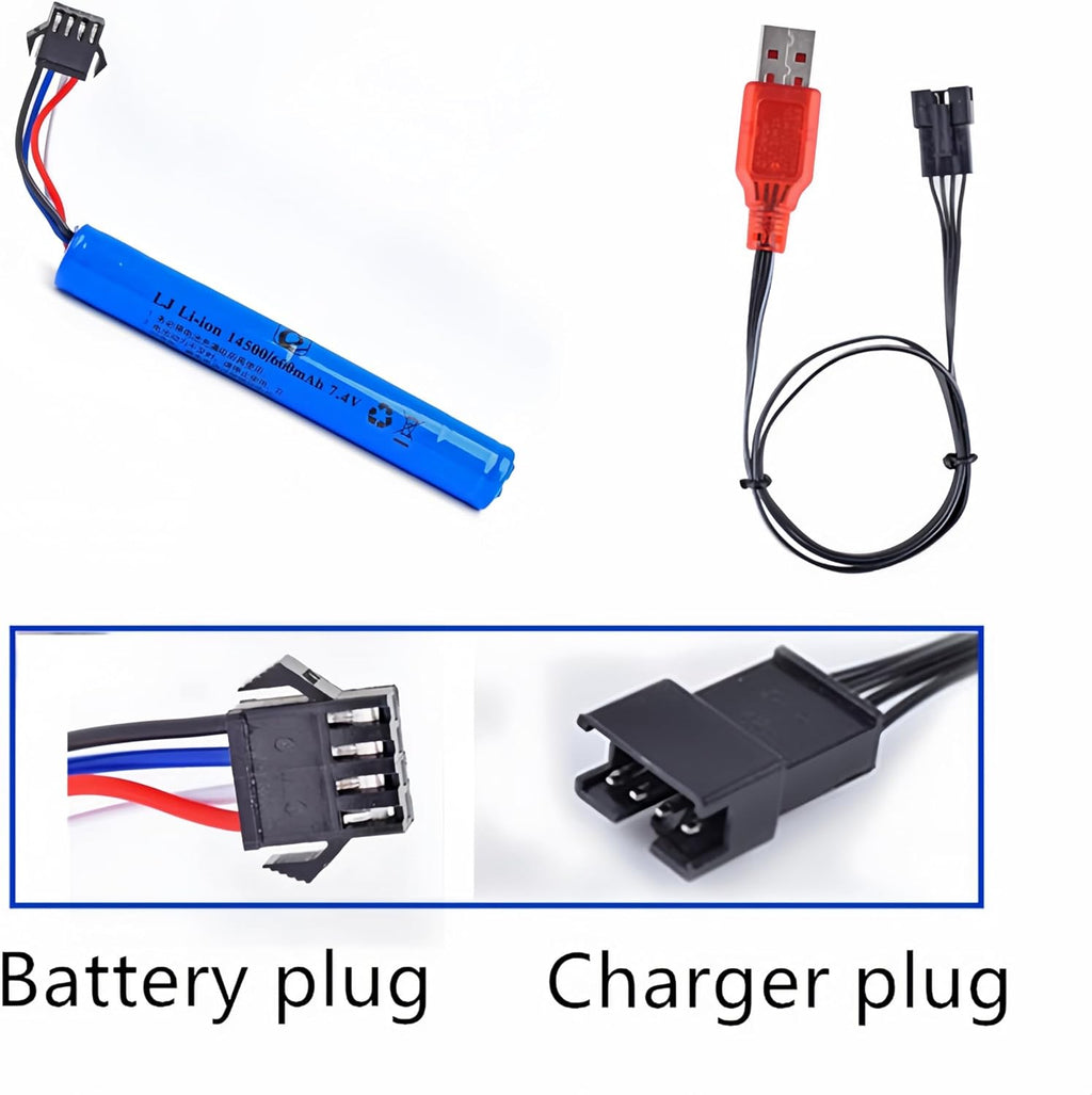 7.4V 600mAh Li-ion Battery by [Brand Name] - SM-4P Plug & USB Charger for Airsoft Guns & Gel Blasters