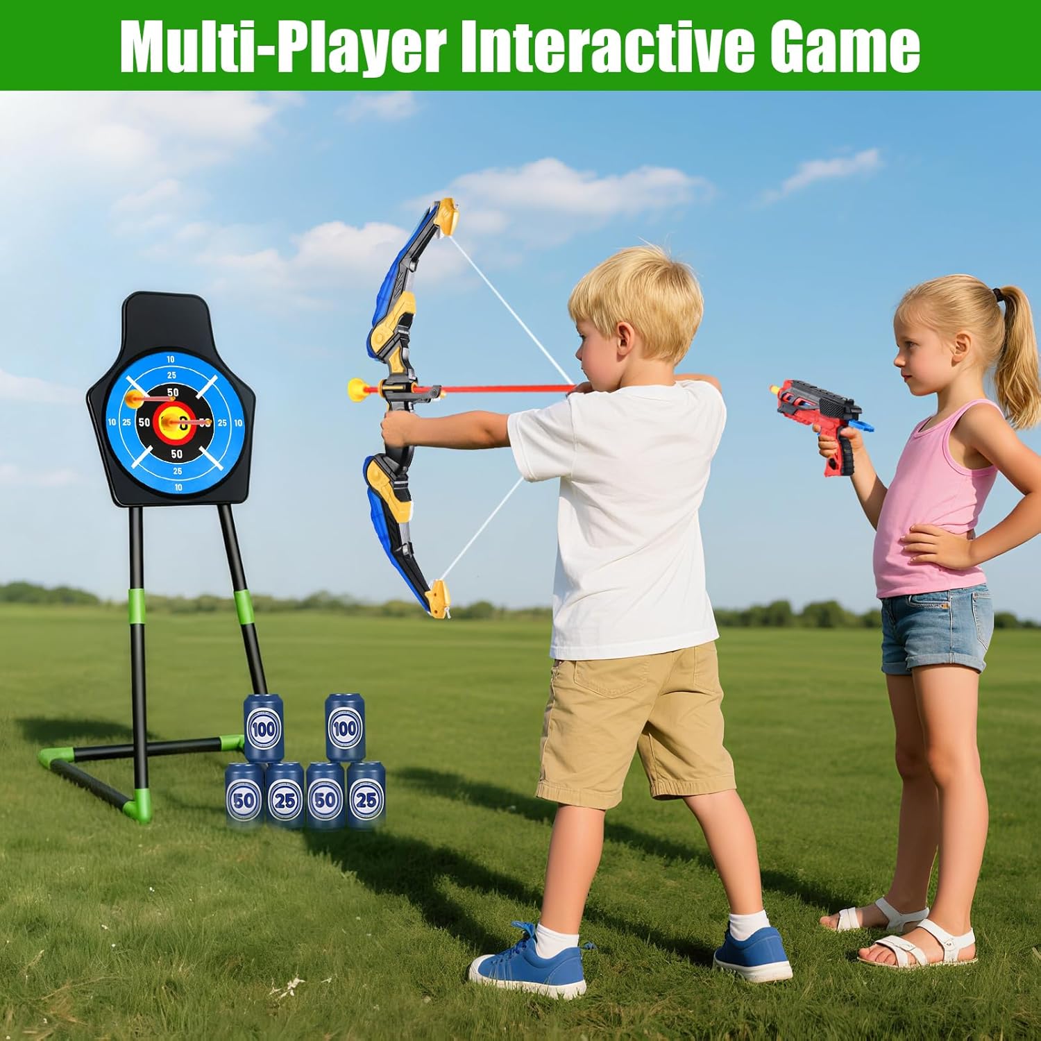 Skiennix Bow and Arrow Toy Set - 2 Pack with 24 Suction Cup Arrows & Target | Indoor/Outdoor Sports Gift for Ages 4-12