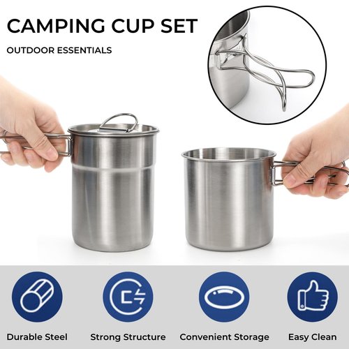 Nagpew 2 Pieces Stainless Steel Camping Cups, Stackable Camping Mugs with Storage Bag, Foldable Handles, Vented Lid, Metal Backpacking Cookware Bush Pot for Coffee, Tea, Hiking