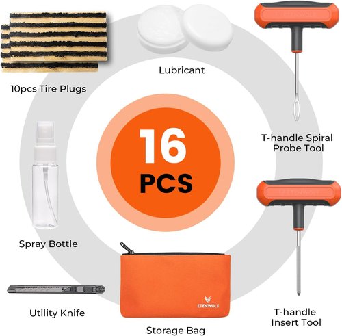 ETENWOLF Heavy-Duty Flat Tire Repair Kit - 16 Pcs Tire Plug Kit for Car, Motorcycle, ATV, Truck | Vivid Orange