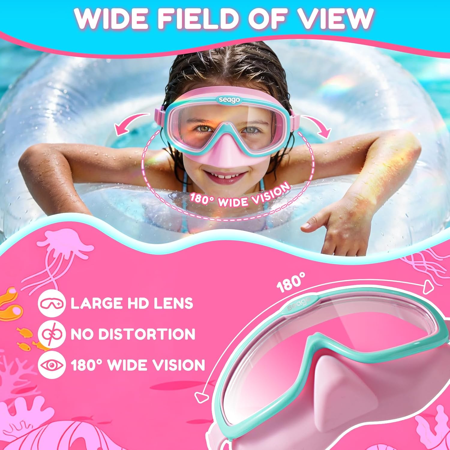 Seago Kids Swim Goggles - Anti-Fog Clear View | 2-Pack for Ages 3-12 with Nose Cover