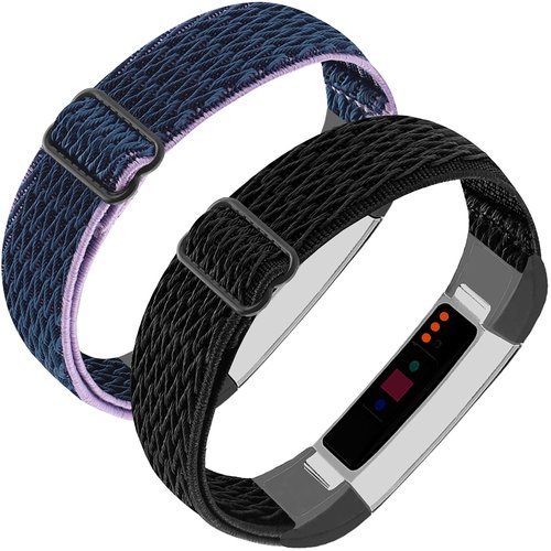 Adjustable Elastic Nylon Bands Compatible with Fitbit Alta and Alta HR Fitness Tracker, 2 Pack Braided Stretchy Wristband Accessory Bracelet Watch Strap Sport Replacement Band for Women Men (Wavy Black / Wavy Blue Purple)