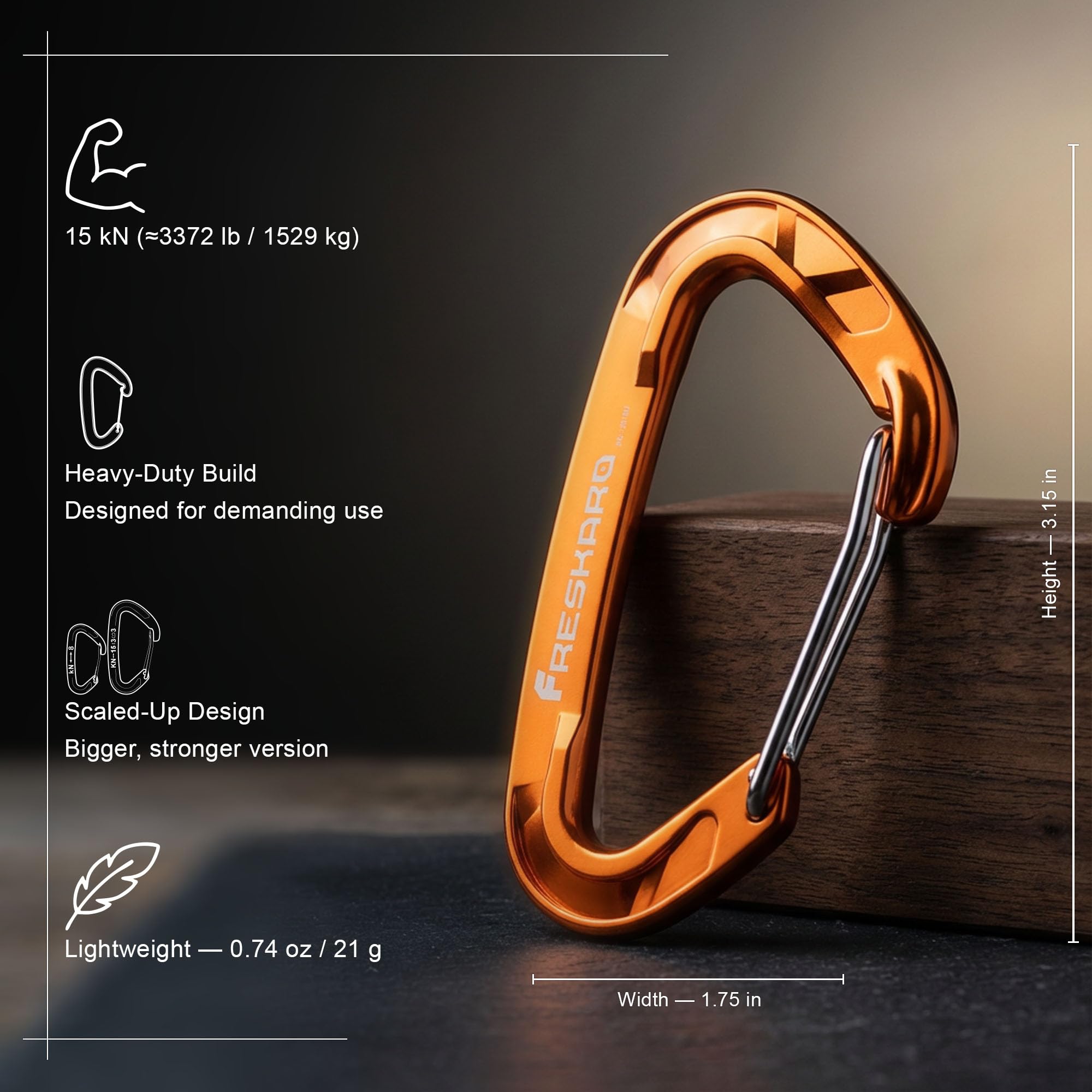 FresKaro Wire gate Carabiner Clips, 15kN WireGate Caribeener Heavy Duty, Caribeaner Spring Snap Hooks, D Ring, Strong, Lightweight, 4Pack for Keychain, Key, Gym, Outdoor Camping, Medium Size, Orange