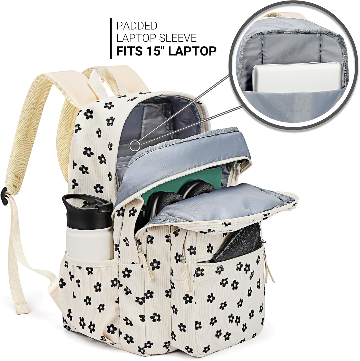 ZORFIN 26L Floral Corduroy Backpack - Stylish Bookbag for College and Travel