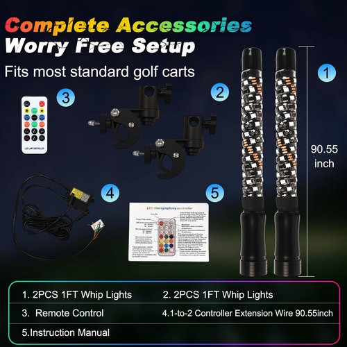 2PCS 1FT Whip Lights for All Golf Cart Yamaha Club Car Ezgo with Spring Base, Buletooth APP & Remote Contral with Turn Signal Brake Lights,Waterproof IP68 Spiral RGB LED Chasing Pole Light