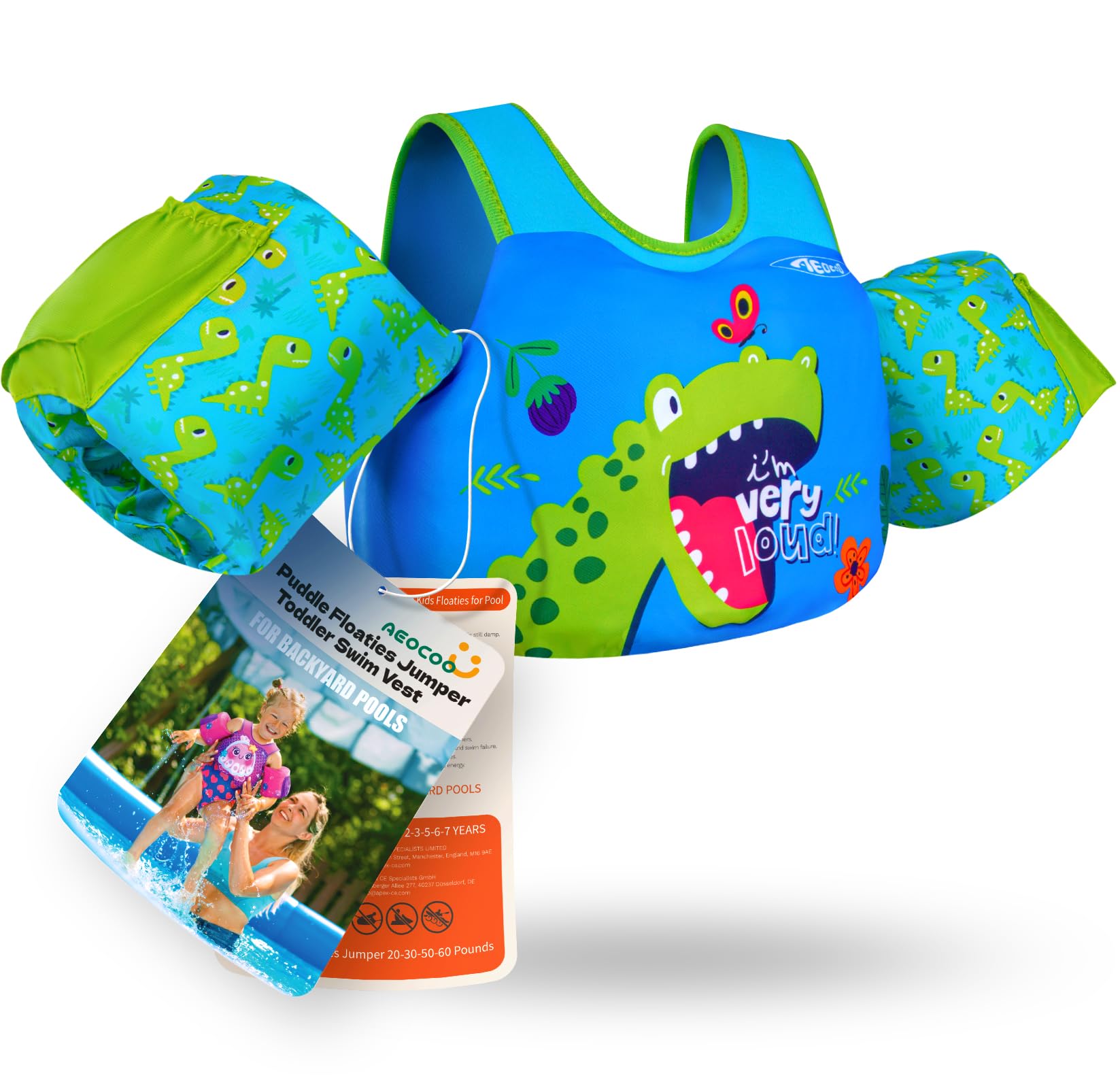 AEOCOO Puddle Float Jumper 30-50-60-70 Pounds, Toddler Swim Vest for 2-3-5-7 Years Old, Pool Floats with Swimming Arm Floaties Swim Jacket for Kids Swimmies, Boys, Girls, Niños, Dinosaur