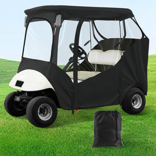 Panglong 2 Passengers EZGO Enclosure-600D, Multifunctional Polyester Rain Cover with Openable Front Windshield, 2 Door Zippers, 4 Side Clear Window and Windproof Hooks, Fit EZGO TXT RXV Cart