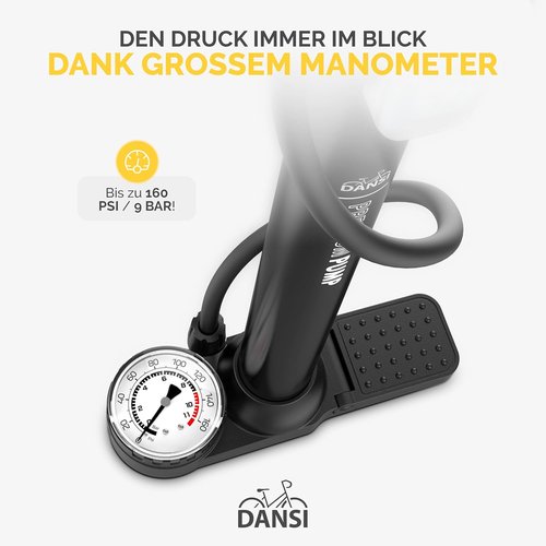 DANSI Bike Floor Pump - High Pressure 180 PSI with Gauge | Portable Multi-Purpose Air Pump for Presta & Schrader Valves