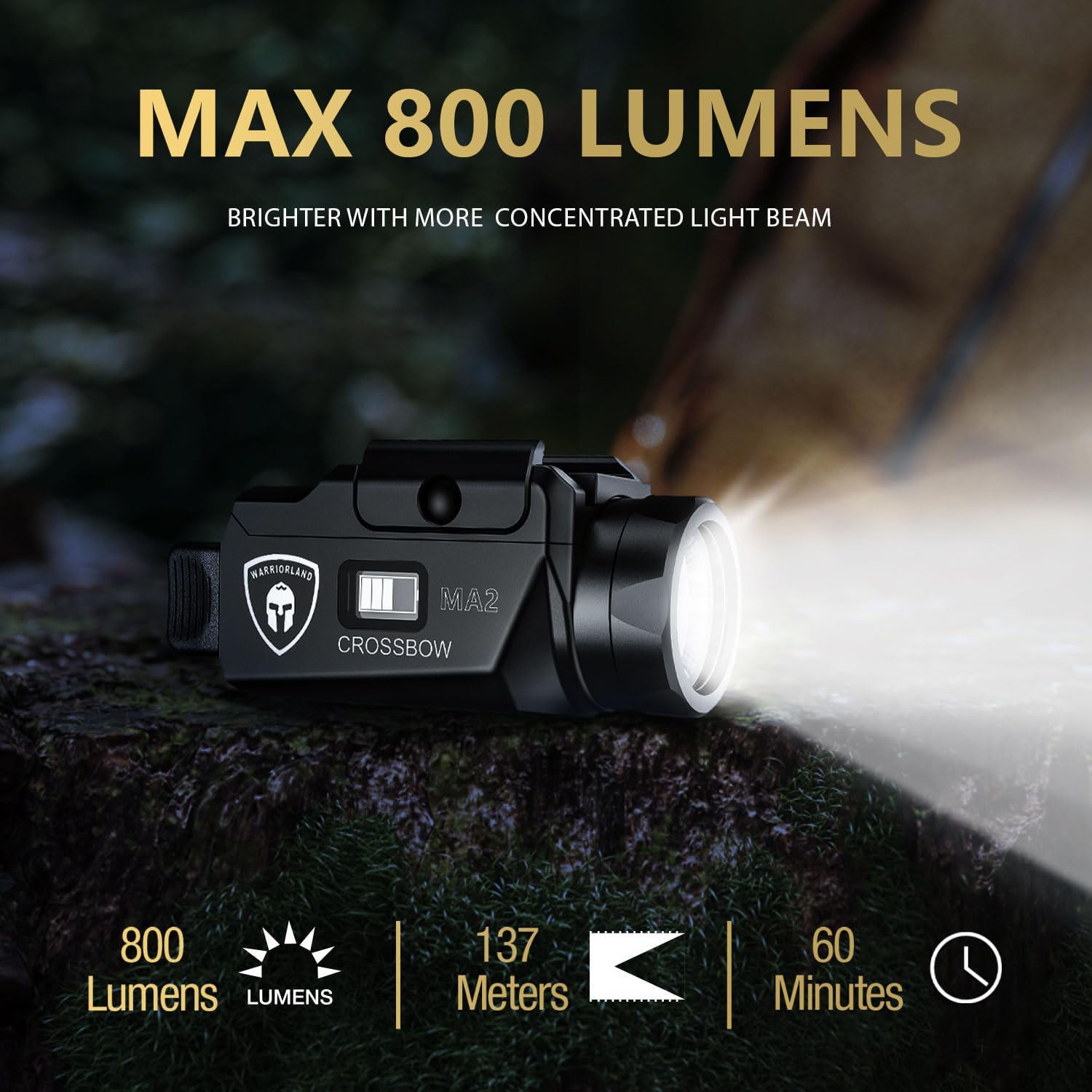 WARRIORLAND MA2 Compact Pistol Light - 800-Lumen Tactical Flashlight for 60+ Handguns | Fits G17, G19, P365, M&P 9