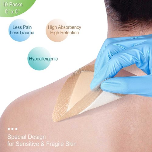 NeuHeils Silicone Wound Dressing - Super Absorbent Self-Adhesive Bandage | 5''x5'' 10 Packs, Waterproof