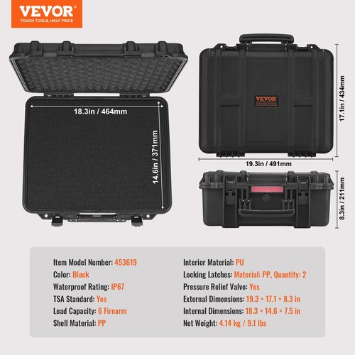 VEVOR Hard Pistol Cases with Customized PU Foam, Waterproof & Dustproof Hard Gun Case for 6 Pistol & 21 Magazine, 19.3×17.1×8.3 in Lockable Pistol Case, Black