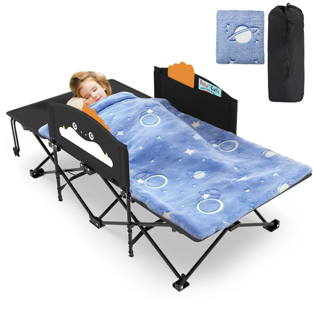 Slendor Toddle Cot, Toddler Portable Bed w/Cartoon Handrail, Blanket (5ft x 4ft), Folding Toddler Cots for Camping, Travel Bed, Extra Long Cot Length 56", Support 330 Lbs, Black