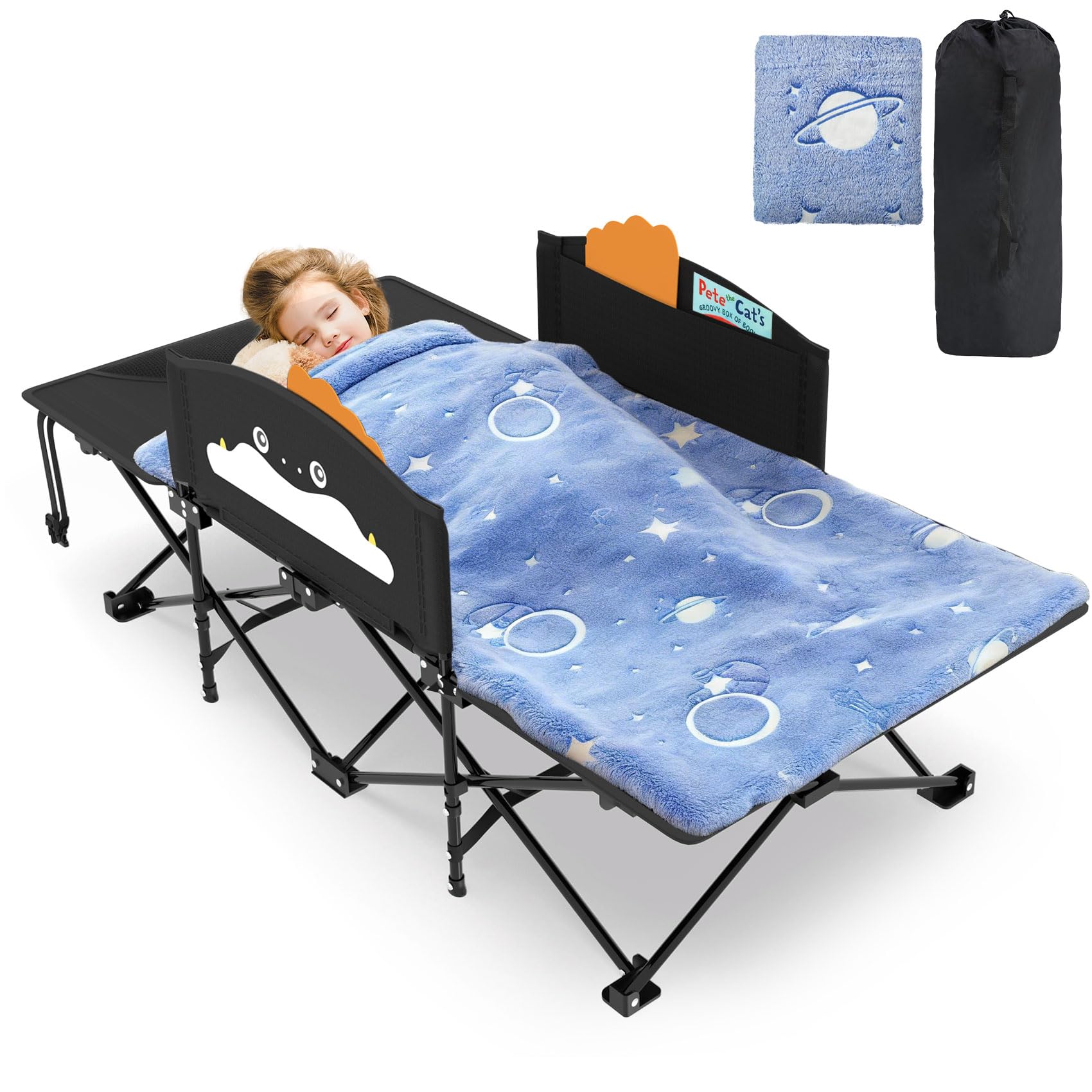 Slendor Toddle Cot, Toddler Portable Bed w/Cartoon Handrail, Blanket (5ft x 4ft), Folding Toddler Cots for Camping, Travel Bed, Extra Long Cot Length 56", Support 330 Lbs, Black