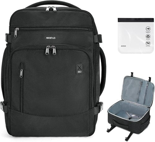 ECOHUB Travel Backpack - Airline Approved Personal Item Bag with USB Port & 30L Capacity | Black