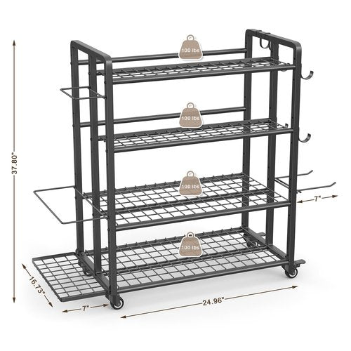4-Tier Dumbbell Rack Stand Only, Adjustable Weight Rack for Dumbbells Kettlebells Yoga Mat, Home Gym Storage Rack with Wheels and Hooks, Powder Coated Finish (Large)