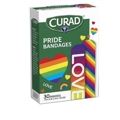 CURAD Pride Bandages, 2 Designs, Plastic, Standard Bandages are .75" x 3", 30 Count (4 Pack)