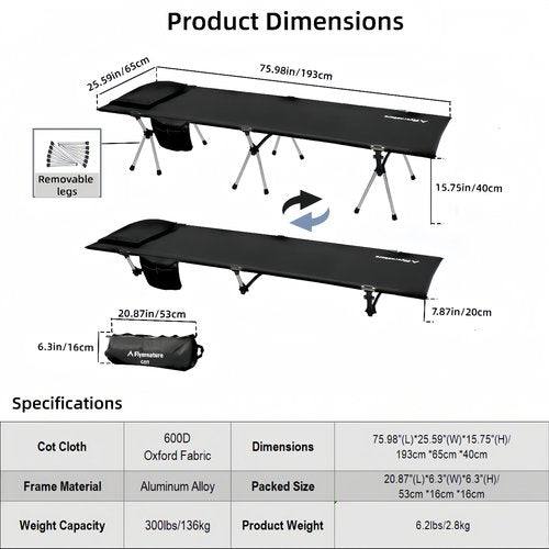 Camping Cot for Adults, Height Adjustable Sleeping Cot, Supports 300 lbs, Lightweight Compact Foldable for Backpacking, Hiking, Travel, Beach, Truck & Office Nap | Flyernature