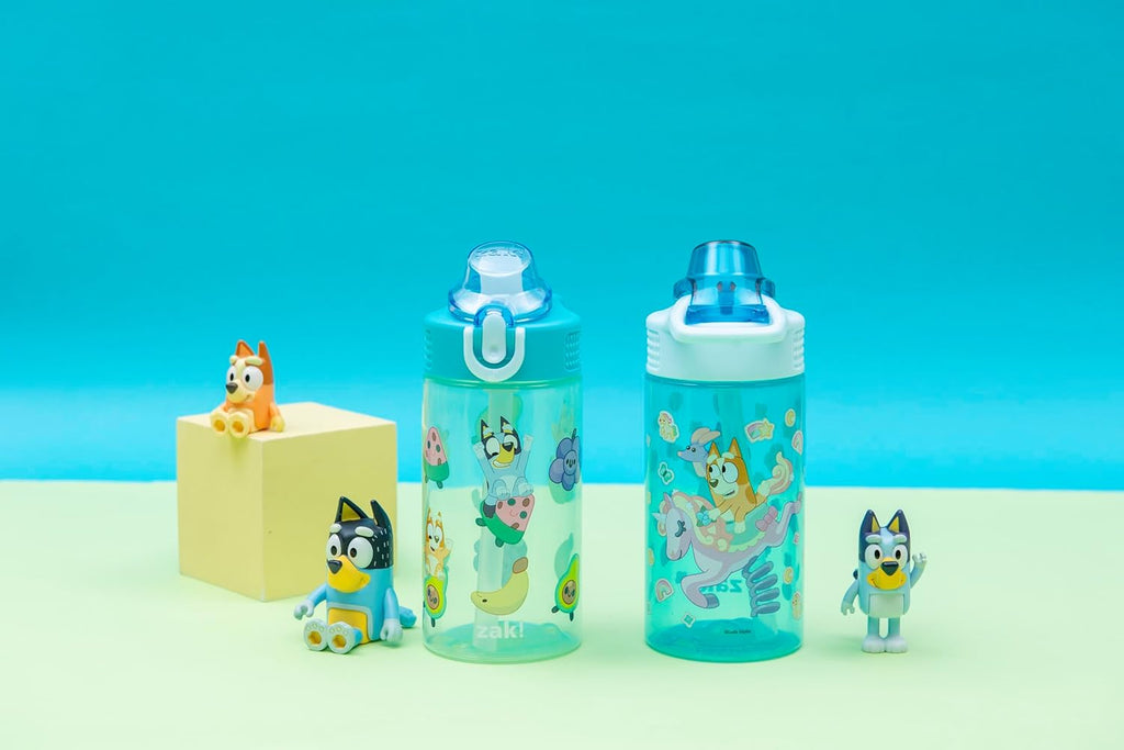 Zak Designs Bluey Sage Kids Water Bottle - Durable 16oz Plastic with Straw & Leak-Proof Cover | 2-Pack Set