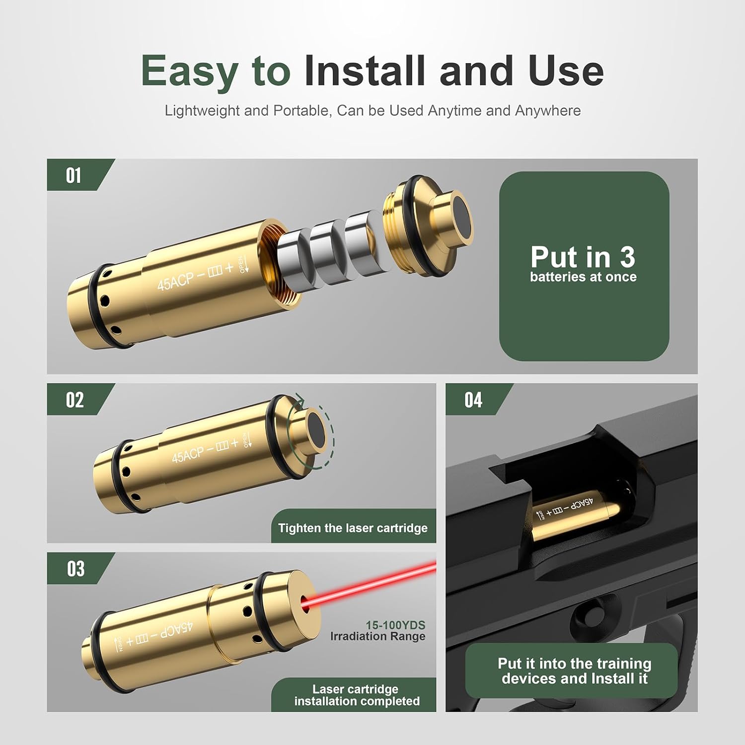 45ACP Laser Training Cartridge - Dry Fire System with Rubber Snap Cap & 3 Batteries for Shooting Practice