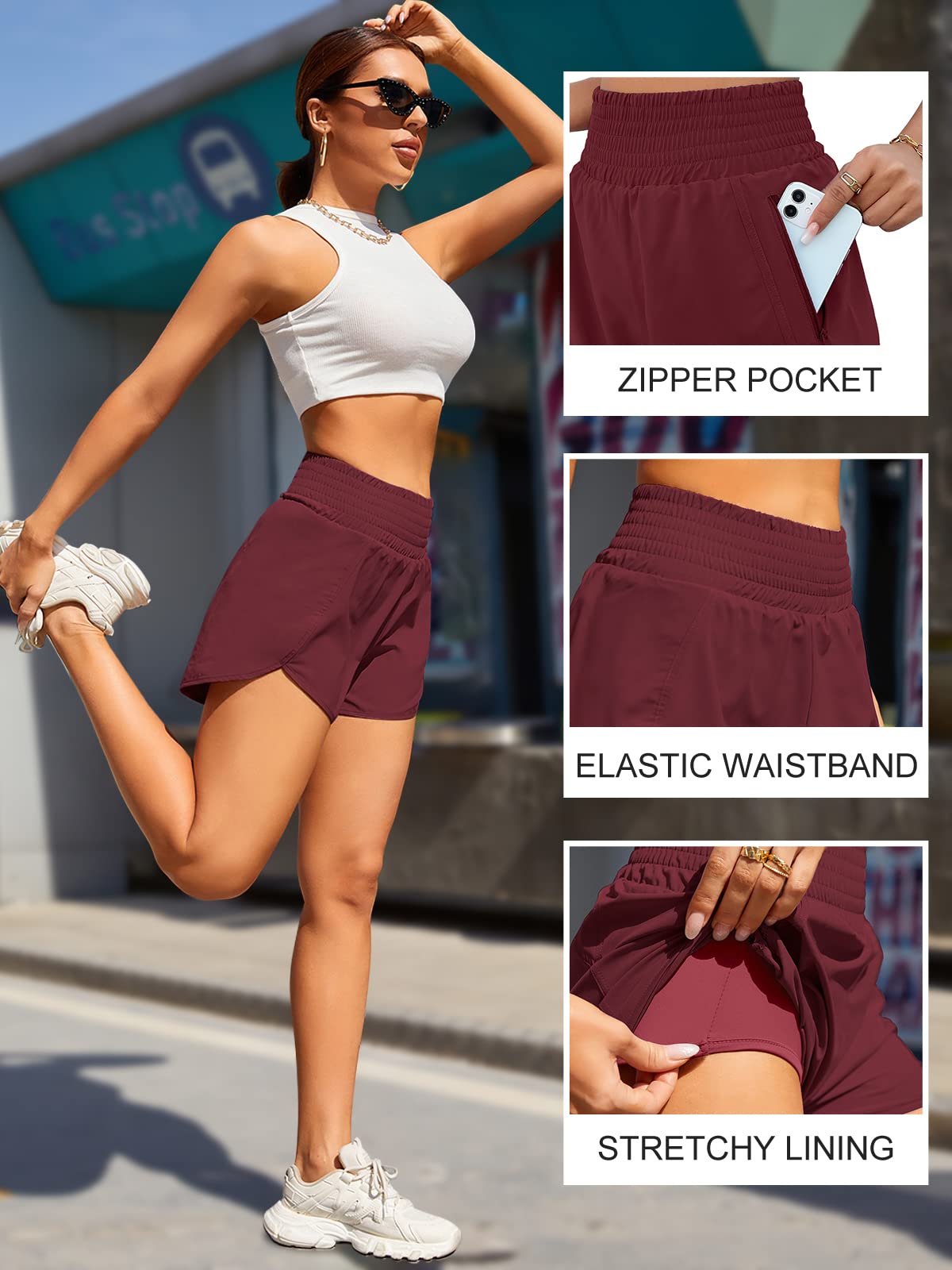 BMJL Women's Athletic Shorts High Waisted Running Short Pocket 2.5" Sporty Shorts Gym Elastic Workout Shorts(S,Wine Red)