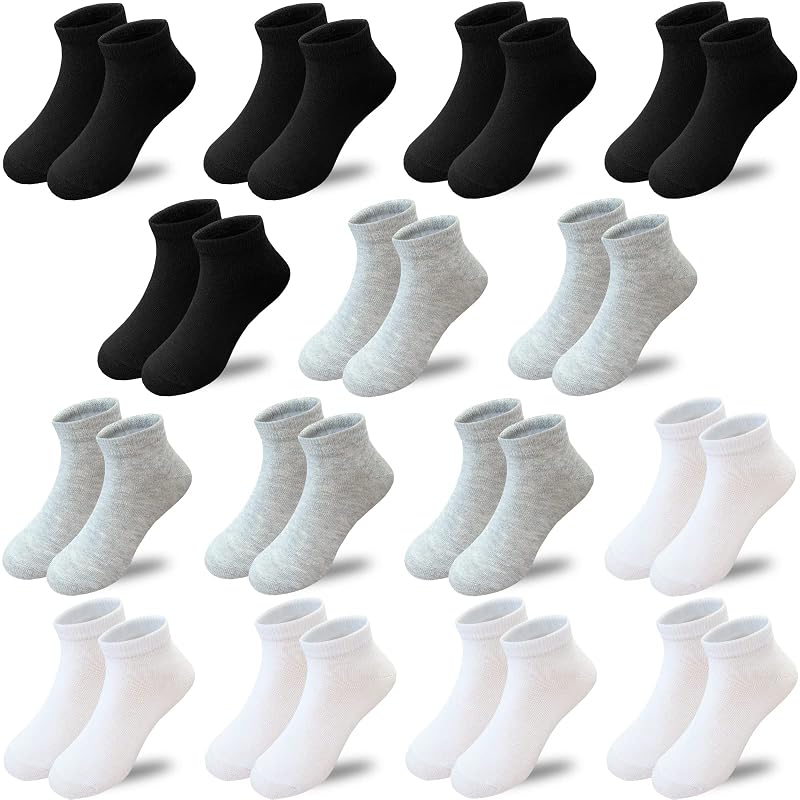 15 Pairs Kids Ankle Athletic Socks - Half Cushion Low Cut Sports Socks (Variation: Black, White, Grey, 10-14 Years)