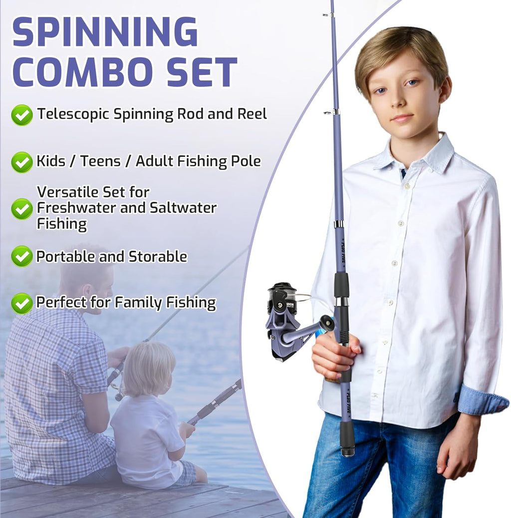 Skiennix Kids Fishing Pole Set - Portable Telescopic Rod & Reel Combo for Boys & Girls | Ambidextrous Design