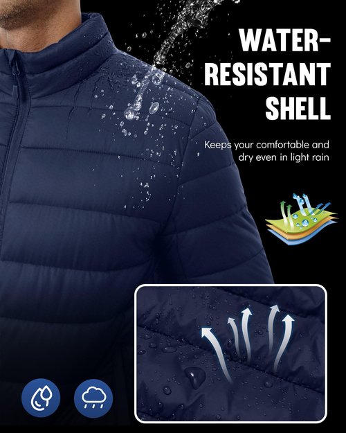 WHN Men's Puffer Jacket Lightweight Winter Waterproof Windproof Stand Collar Full Zipper Coat with 3 Pockets Navy L