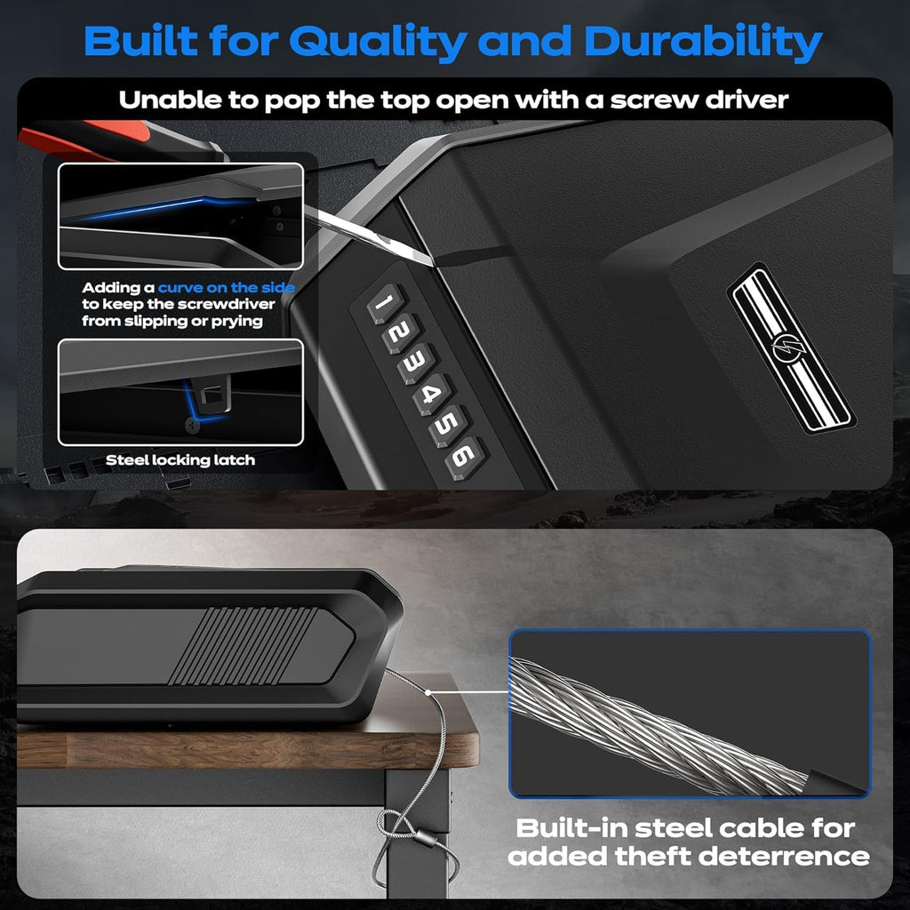 TOPMEDA Gun Safe with LCD Display, ≤0.1s Quick Access Large Handgun Safe for Pistols, Hand Gun Lock Box with Fingerprint, Keypad, Key, Car, Home, Bedside, Nightstand, AA Battery Emergency Power