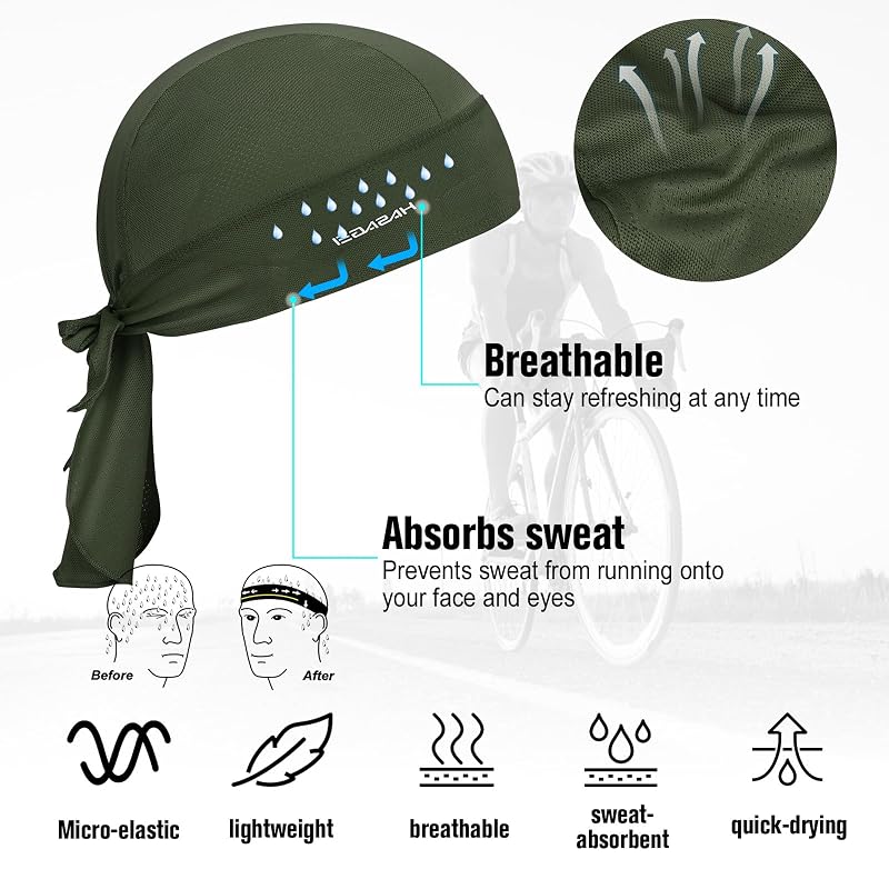 HASAGEI Army Green Cooling Do Rag Skull Cap Bandana for Men - Breathable Sweat-Wicking UV Shield
