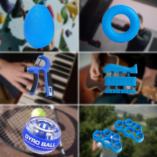 Qishangnana Hand Grip Strengthener Workout Kit (8 Pack) Forearm Grip Adjustable Resistance Hand Gripper, Finger Stretcher, Finger Exerciser, Grip Ring，Gyro Ball (blue)