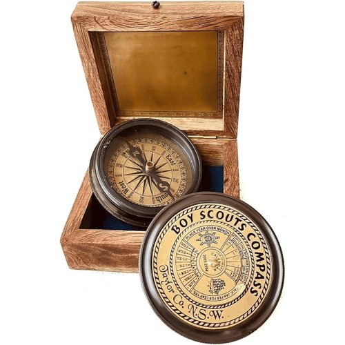 Smizzy Brass Engraved Nautical Scout Compass Gift Boys - Engraved Scout Oath Compass in Wood Box Scout Always Prepared Camping Orienteering, Hiking Backpacking Gift