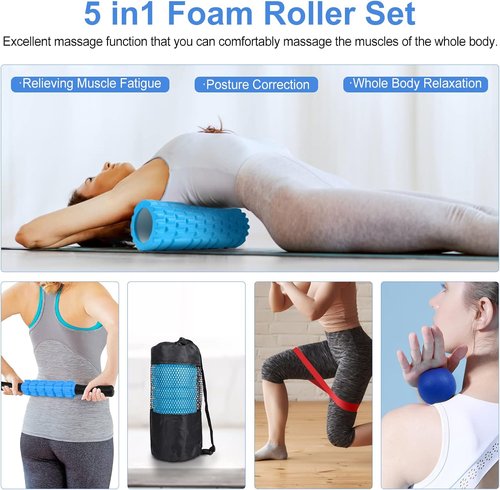 Aucuu Foam Roller Set - 5 in 1 Massage Tools with Yoga Stick, Ball, Strap & Carrying Bag | Blue