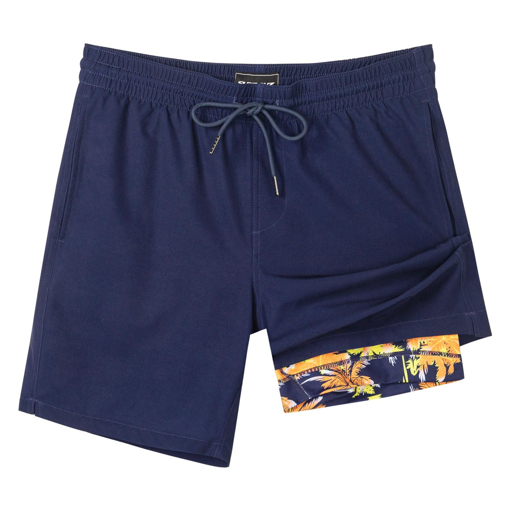 SURF CUZ Mens Swim Trunks with Compression Liner Quick Dry Swim Shorts 7" Swimming Trunks Stretch Bathing Suit Zipper Pockets,03 Navy,XXL