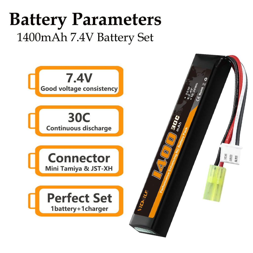 VICMILE Airsoft Battery 1400mAh 7.4V Lipo Battery with Tamiya Plug 30C High Discharge Rate Rechargeable 2S Lipo Battery for Airsoft Model Guns